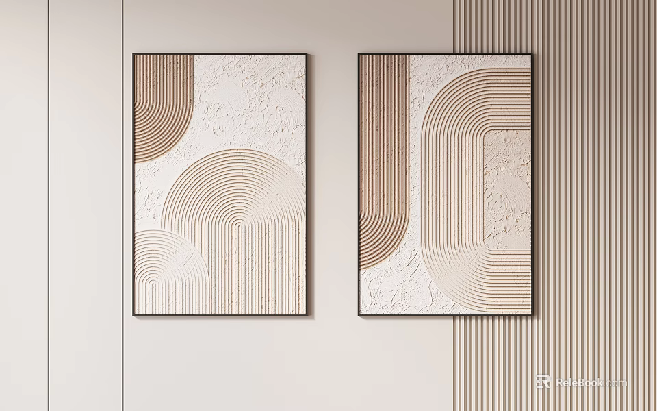 Modern Abstract Paintings With Geometric Lines Beige Brown Two Panel Wall Decor 3d model 