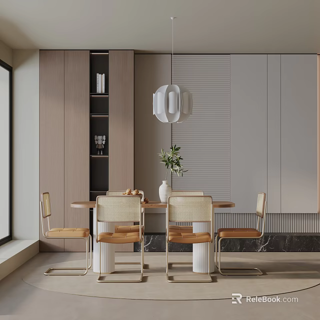 Modern Dining Table Set with Beige Chairs Pendant Light Potted Plant Wooden Cabinetry and Bookshelf 3d model 