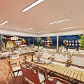 Outdoor Restaurant Nighttime Ambiance With Wooden Cabin Decor Outdoor Seating Umbrellas Trees And Neon Signage