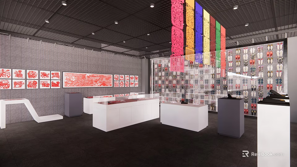 Contemporary Exhibition Space With Colorful Hanging Installations White Display Counters And Red Wall Art 3d model 