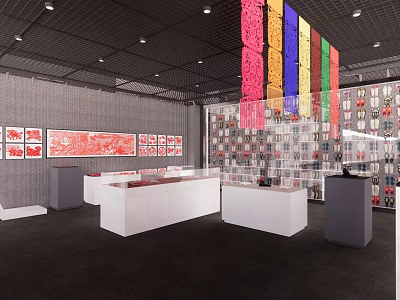 Contemporary Exhibition Space With Colorful Hanging Installations White Display Counters And Red Wall Art 3d model