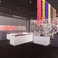 Contemporary Exhibition Space With Colorful Hanging Installations White Display Counters And Red Wall Art