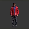 Man wearing red puffer jacket blue shirt gray pants and gray shoes against gray background
