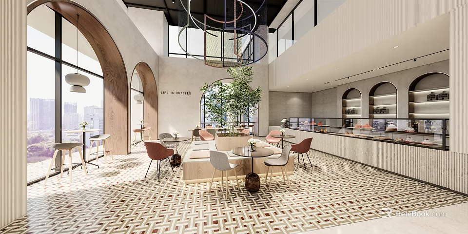 Modern Elegant Dessert Shop With Open Layout Arched Doors Green Plants And Geometric Floor Tiles 3d model 