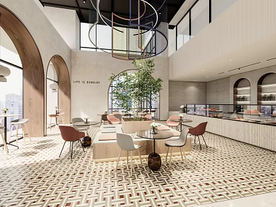 Modern Elegant Dessert Shop With Open Layout Arched Doors Green Plants And Geometric Floor Tiles 3d model