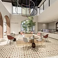 Modern Elegant Dessert Shop With Open Layout Arched Doors Green Plants And Geometric Floor Tiles