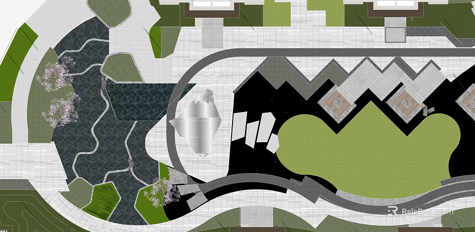 Garden Landscape Design Featuring Curved Pathways Green Lawn Water Features And Planting Zones 3d model 