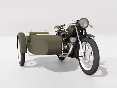 Olive Green Vintage Motorcycle With Sidecar Round Headlight And Classic Design Features 3d model