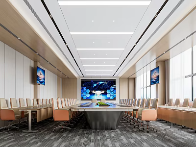 Modern Conference Room Interior Design With Long Meeting Table Orange Chairs And Large Screen Windows 3d model