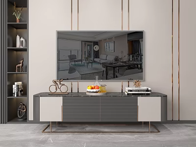 Modern Gray White TV Stand with Fruit Platter Decor and Shelf on Golden Line Wall 3d model