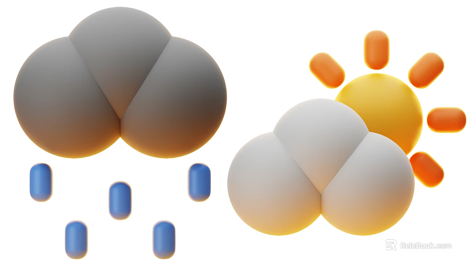 Gray White Cloud and Yellow Sun Shaped Decorative Ornament Set with Blue Cylindrical Accents 3d model 