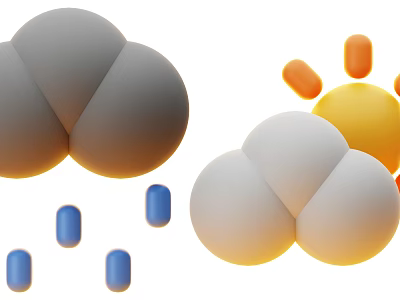 Gray White Cloud and Yellow Sun Shaped Decorative Ornament Set with Blue Cylindrical Accents 3d model