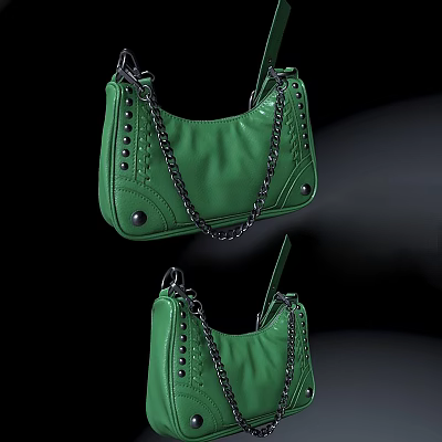 Stylish Green Leather Handbag With Metal Chain Strap And Stud Decoration 3d model
