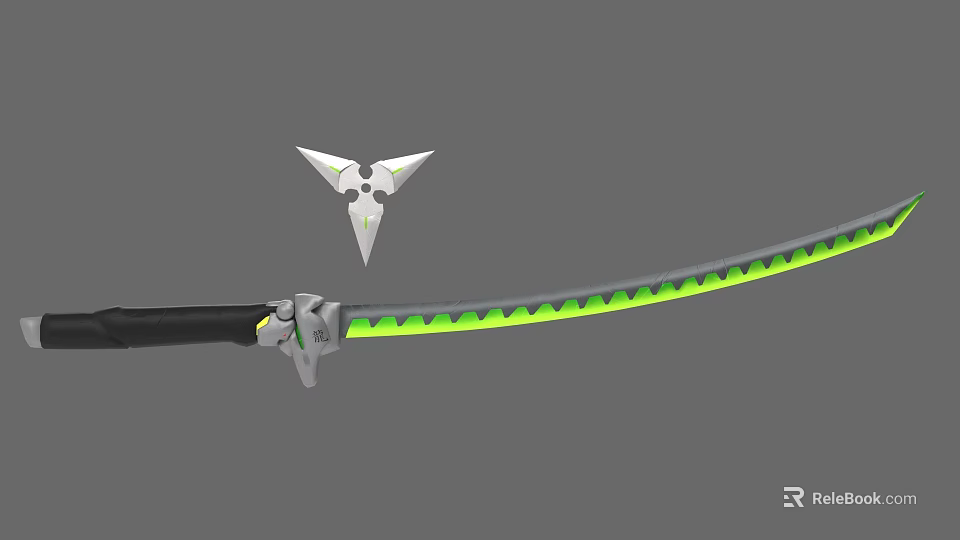 Modern Fantasy Weapon Collection With Serrated Sword Green Edge And Triangular Shuriken 3d model 