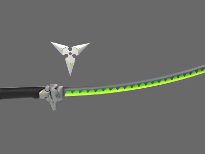 Modern Fantasy Weapon Collection With Serrated Sword Green Edge And Triangular Shuriken 3d model