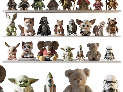 Various Animal and Character Dolls Including Stuffed Toys and Robot Figures on Shelves 3d model