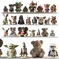 Various Animal and Character Dolls Including Stuffed Toys and Robot Figures on Shelves