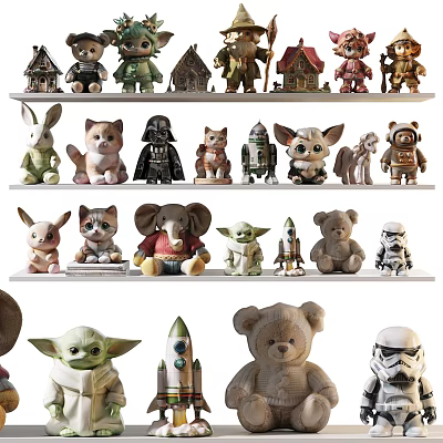 Various Animal and Character Dolls Including Stuffed Toys and Robot Figures on Shelves 3d model