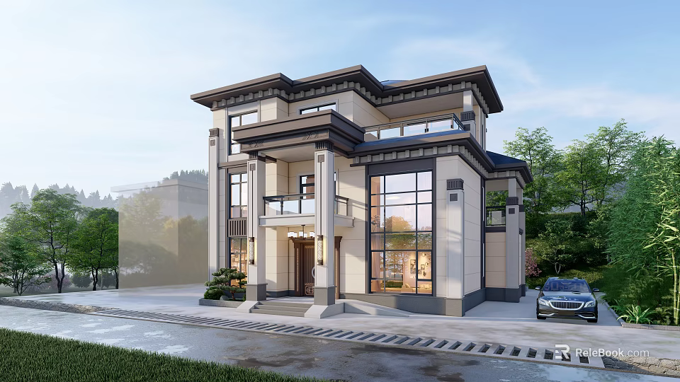 Modern Detached Villa Exterior Design Two Story With Large Windows Balcony And Landscaped Garden 3d model 