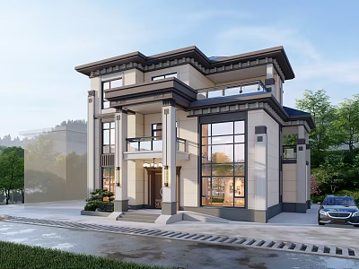 Modern Detached Villa Exterior Design Two Story With Large Windows Balcony And Landscaped Garden 3d model