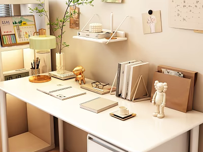 Stylish Decorative Ornament Combination for Home Office Desk with Bear Figurine Table Lamp and Notebooks 3d model
