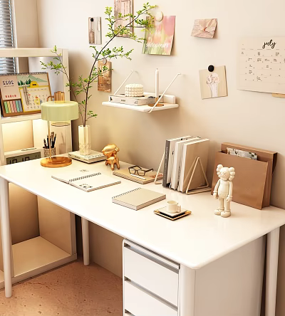 Stylish Decorative Ornament Combination for Home Office Desk with Bear Figurine Table Lamp and Notebooks 3d model