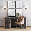 Vintage Desk With Black Leather Surface Brass Hardware Drawers And Map Decoration
