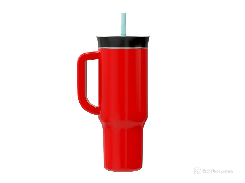Stylish Red Tumbler with Black Lid Light Blue Straw and Handle Design 3d model 