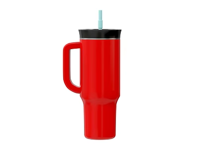 Stylish Red Tumbler with Black Lid Light Blue Straw and Handle Design 3d model