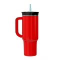 Stylish Red Tumbler with Black Lid Light Blue Straw and Handle Design