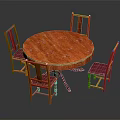 Wooden Round Dining Table With Four Chairs Checkered Seats And Wooden Backs
