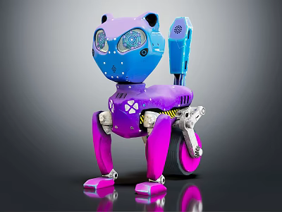 Futuristic Robot Pet Cat With Purple Blue Pink Body Mechanical Legs And Glowing Eyes 3d model