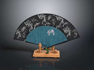 Traditional Chinese Fan With Black Frame Blue Surface White Patterns And Wooden Stand 3d model
