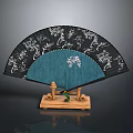 Traditional Chinese Fan With Black Frame Blue Surface White Patterns And Wooden Stand