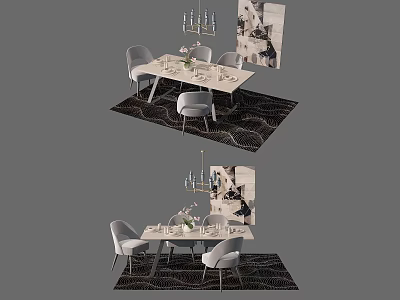 Modern Dining Table Set With Chairs Chandelier Decorative Flowers And Area Rug 3d model