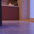 Modern Restaurant Kitchen Interior With Wooden Ceiling Marble Counter Island Red Cabinets And Stone Stools