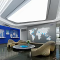 Modern Spacious Front Desk Reception Interior With Company Logo Large Screen And Lighting Design 3d model