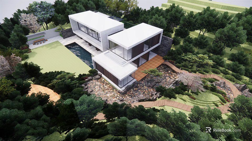 Modern Detached Villa With Glass Walls And Terrace Surrounded By Lush Green Trees And Garden 3d model 
