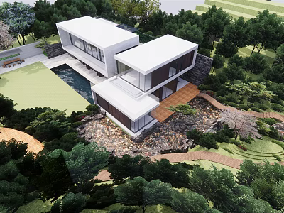 Modern Detached Villa With Glass Walls And Terrace Surrounded By Lush Green Trees And Garden 3d model