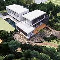 Modern Detached Villa With Glass Walls And Terrace Surrounded By Lush Green Trees And Garden