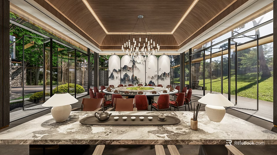 Luxurious Private Dining Box With Round Table And Scenic Glass Walls 3d model 