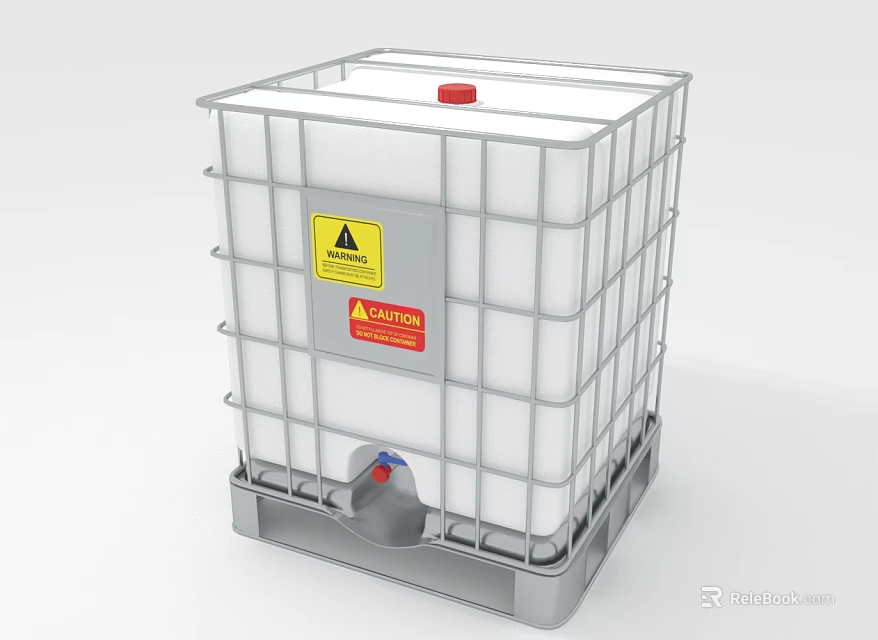 Industrial IBC Container With White Plastic Tank Metal Frame Red Cap Warning Labels Bottom Valve 3d model 
