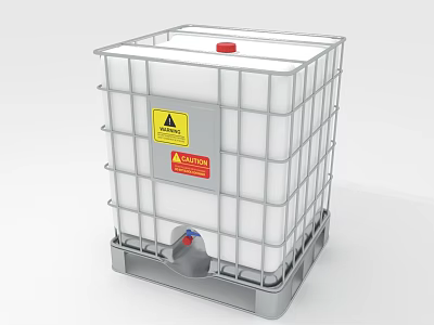 Industrial IBC Container With White Plastic Tank Metal Frame Red Cap Warning Labels Bottom Valve 3d model