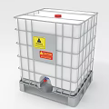 Industrial IBC Container With White Plastic Tank Metal Frame Red Cap Warning Labels Bottom Valve
