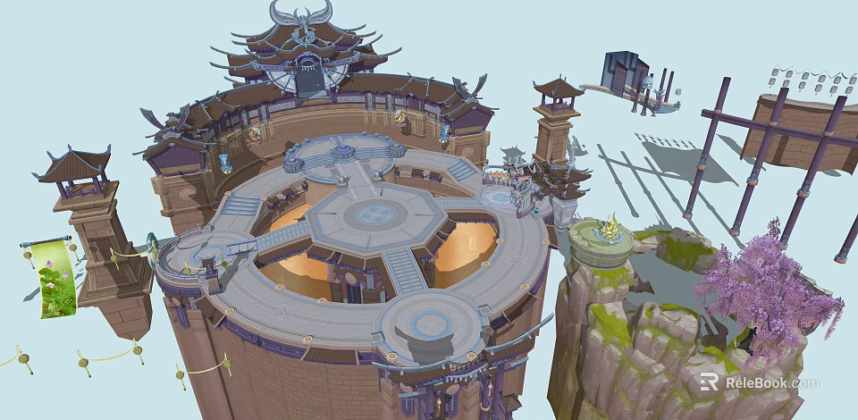 Ancient Architecture Design Featuring Circular Structure Traditional Roof Tower And Rocky Terrain 3d model 