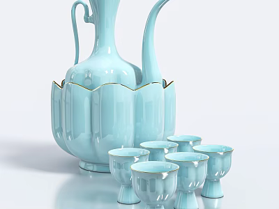 Elegant Light Blue Decorative Ornament Set With Pitcher And Gold Trim Cups 3d model