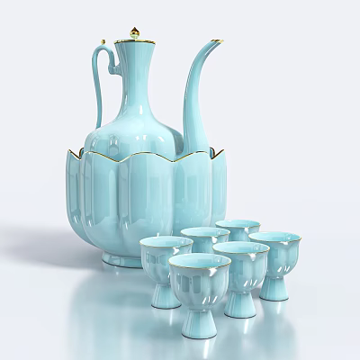 Elegant Light Blue Decorative Ornament Set With Pitcher And Gold Trim Cups 3d model