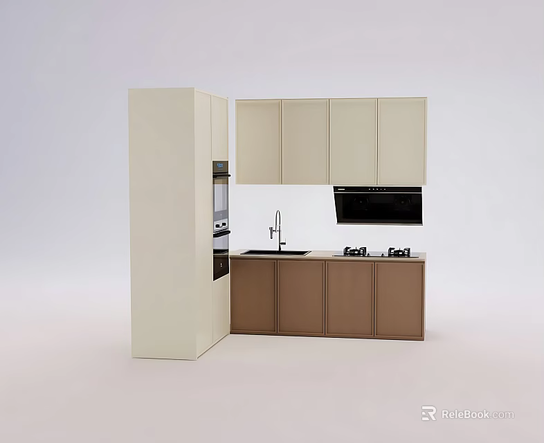 Modern Kitchen With Beige And Brown Cabinets Countertop Sink And Stove Hood 3d model 