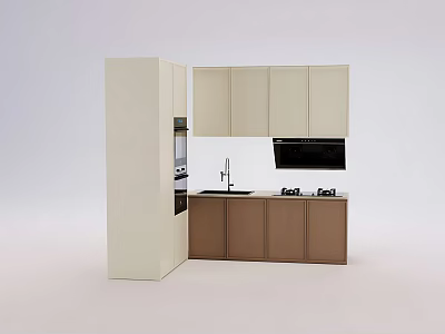 Modern Kitchen With Beige And Brown Cabinets Countertop Sink And Stove Hood 3d model