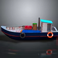 Small Blue And White Watercraft With Blue Roofed Cabin Red Green Barrels And Orange Lifebuoy